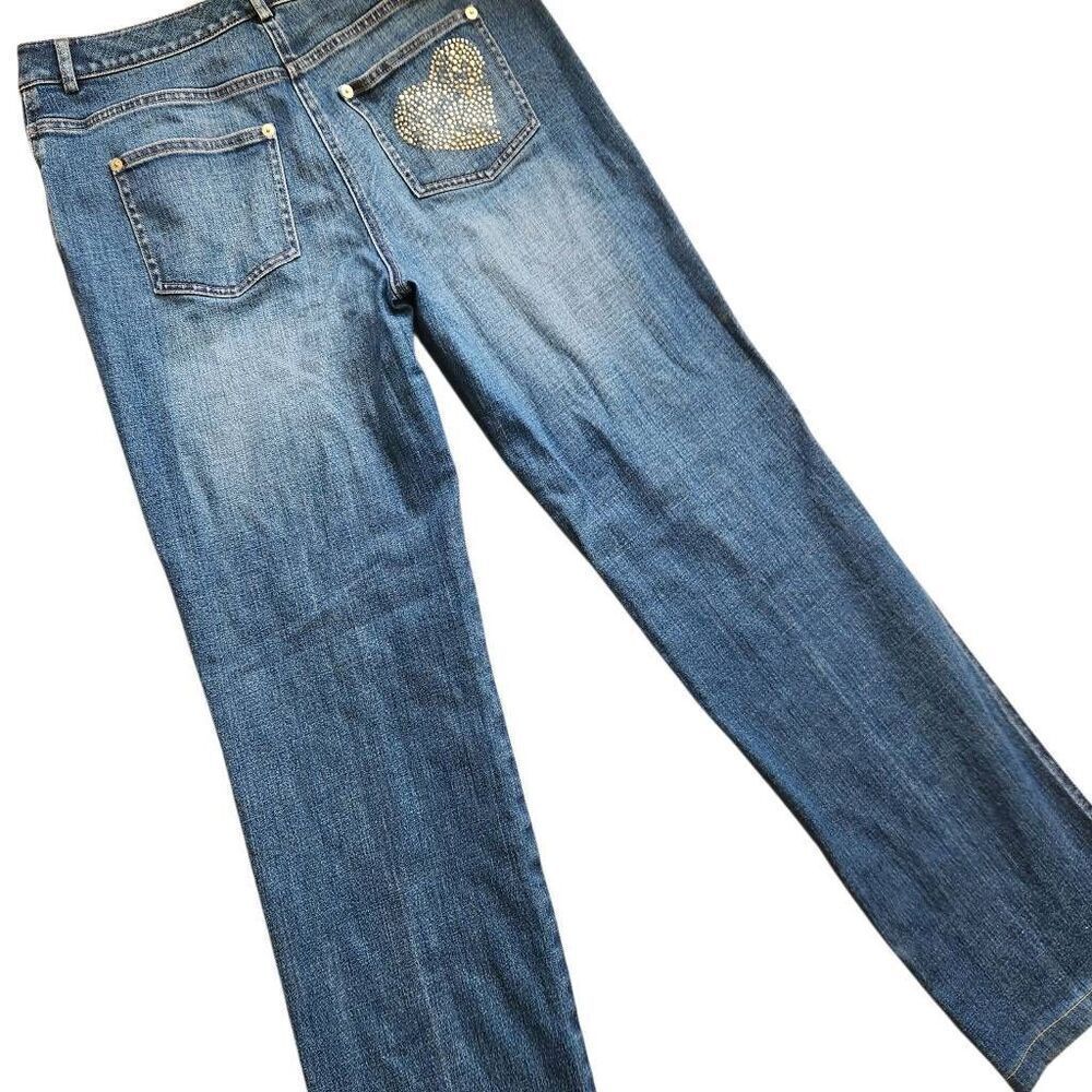 St John Jeans Straight High Rise Womens 8 Rhinestone Heart Mid Wash Denim Boho L